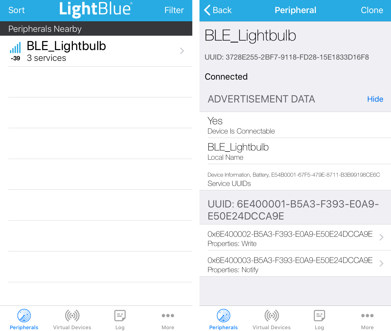 LightBlue showing 3 services still with phantom UART service