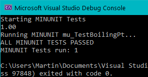 Visual Studio running minunit with 1 successful test